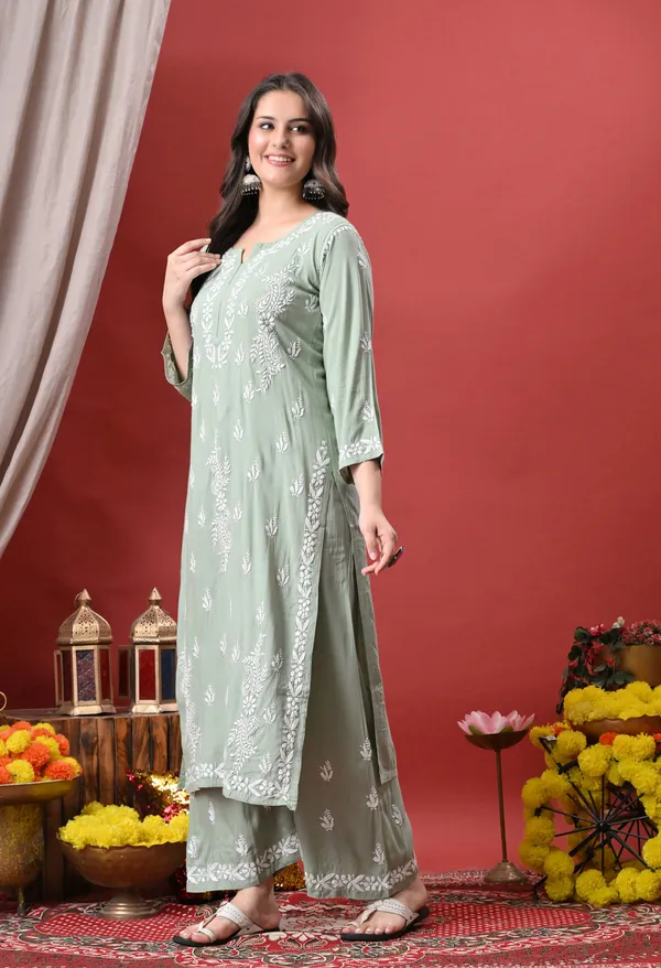 Syrish_Green_Hand_Embroidered_Chikankari_Rayon_Kurta_Palazzo_Set