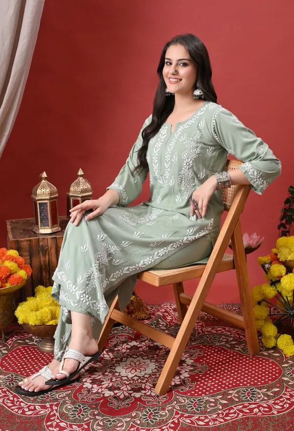 Syrish_Green_Hand_Embroidered_Chikankari_Rayon_Kurta_Palazzo_Set