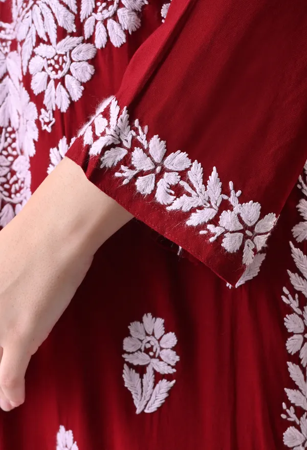 Syrish_Maroon_Hand_Embroidered_Chikankari_Rayon_Kurta_Palazzo_Set