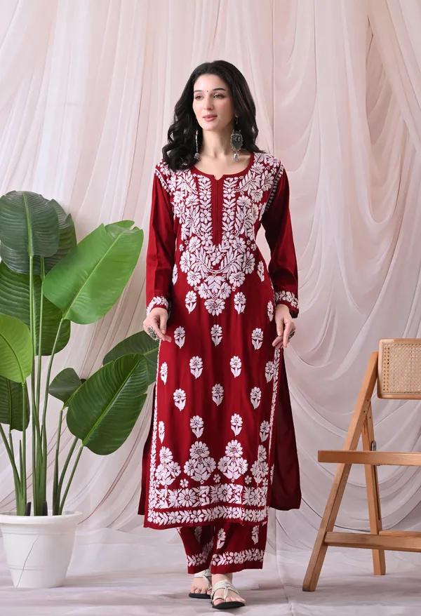 Syrish_Maroon_Hand_Embroidered_Chikankari_Rayon_Kurta_Palazzo_Set