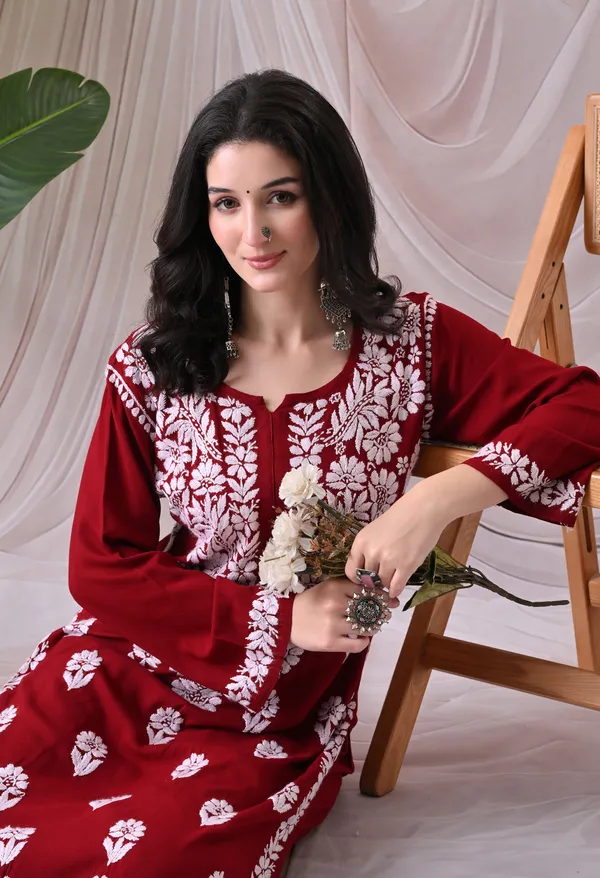 Syrish_Maroon_Hand_Embroidered_Chikankari_Rayon_Kurta_Palazzo_Set