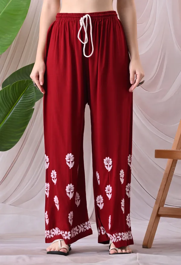 Syrish_Maroon_Hand_Embroidered_Chikankari_Rayon_Kurta_Palazzo_Set