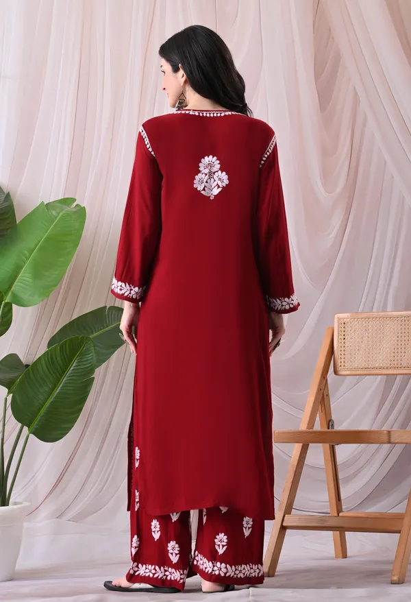 Syrish_Maroon_Hand_Embroidered_Chikankari_Rayon_Kurta_Palazzo_Set