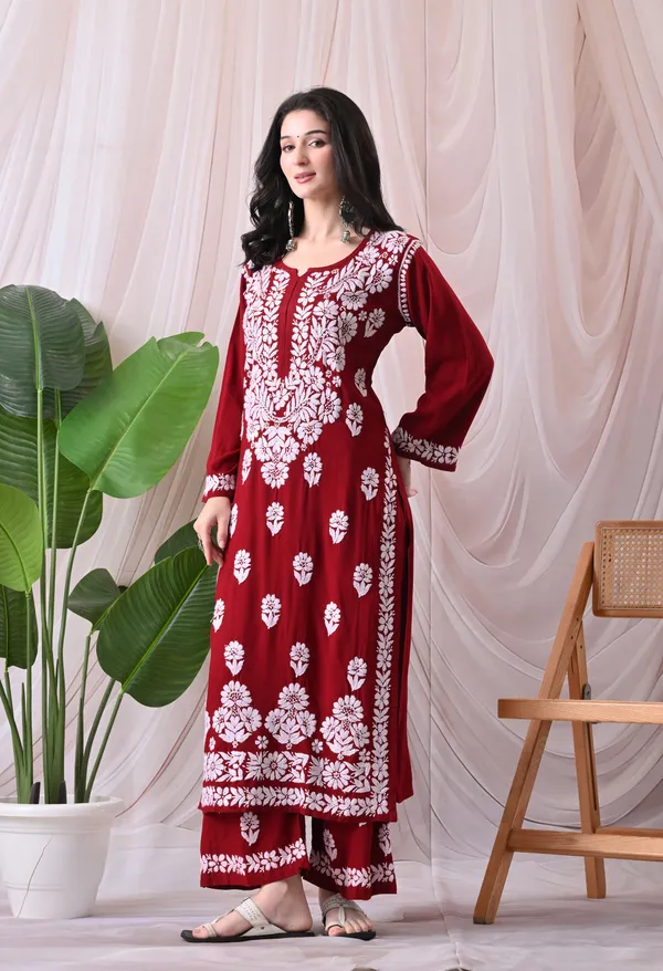 Syrish_Maroon_Hand_Embroidered_Chikankari_Rayon_Kurta_Palazzo_Set