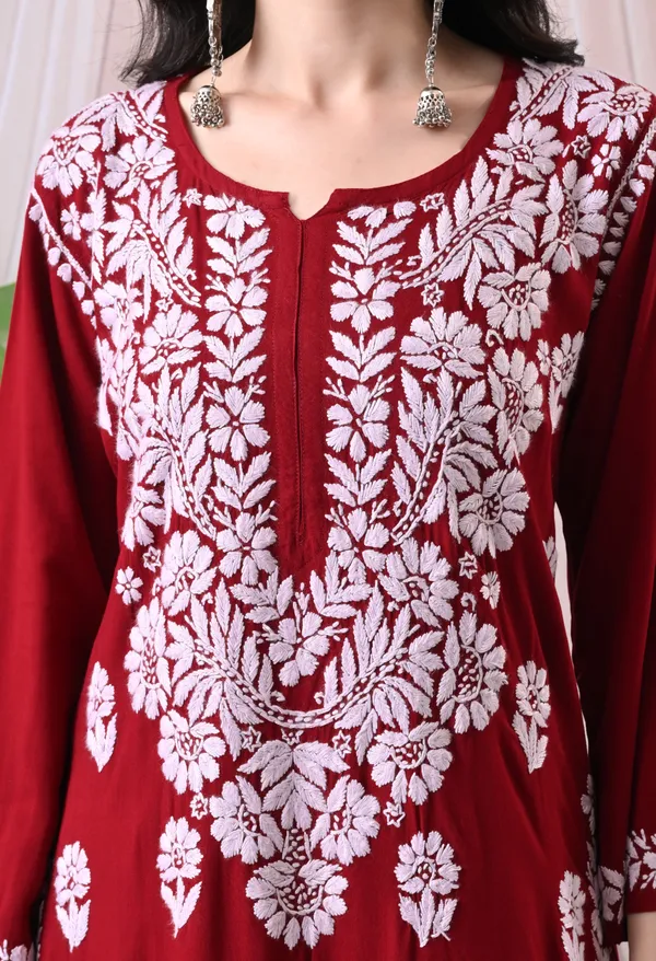 Syrish_Maroon_Hand_Embroidered_Chikankari_Rayon_Kurta_Palazzo_Set