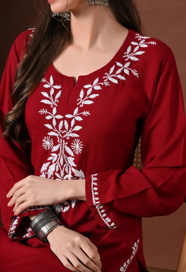 Hand-embroidered_Lucknowi_Chikankari_Kurta_Plazo_Set_�Maroon