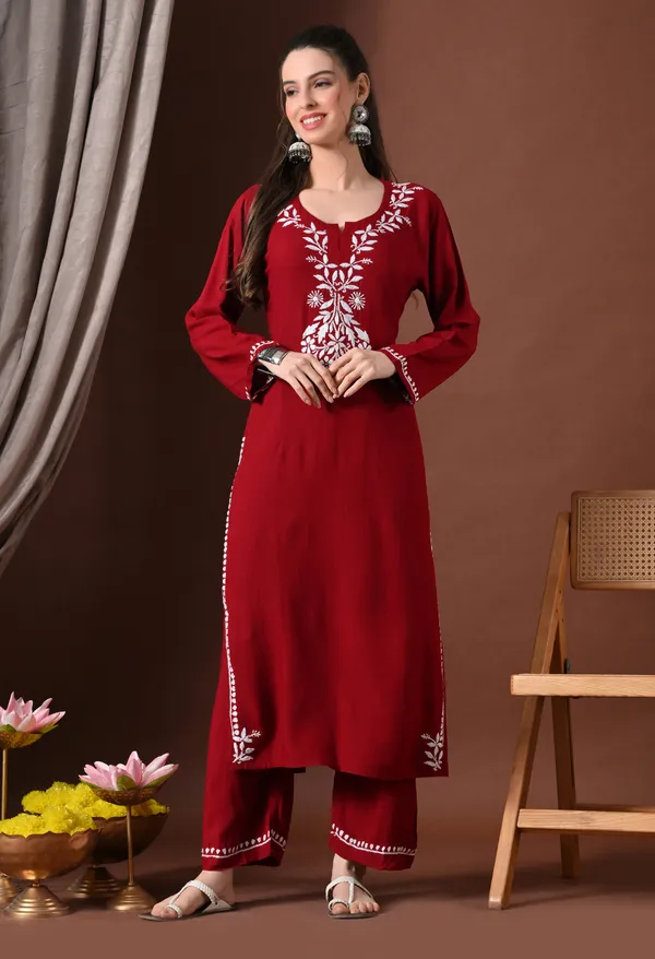 Hand-embroidered_Lucknowi_Chikankari_Kurta_Plazo_Set_�Maroon