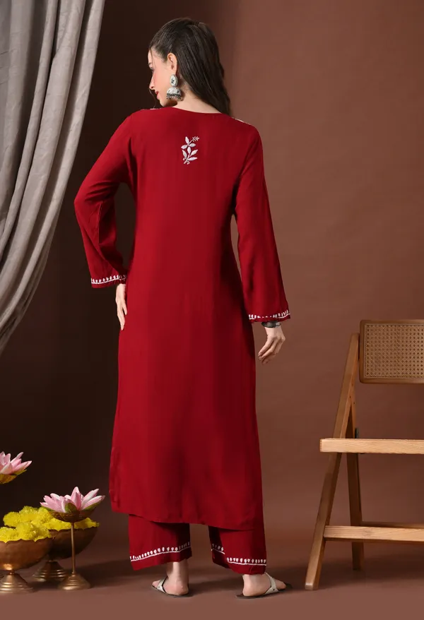 Hand-embroidered_Lucknowi_Chikankari_Kurta_Plazo_Set_�Maroon