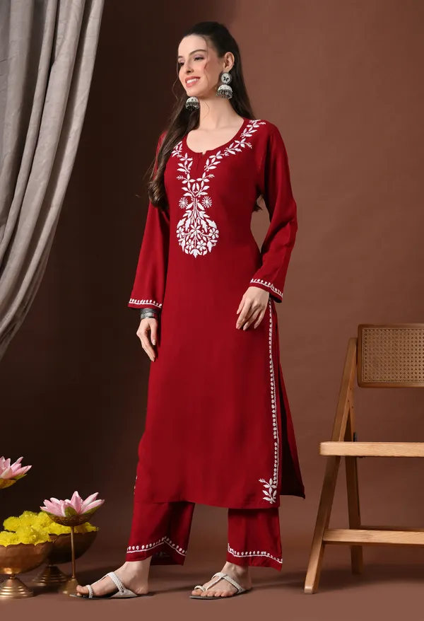 Hand-embroidered_Lucknowi_Chikankari_Kurta_Plazo_Set_�Maroon