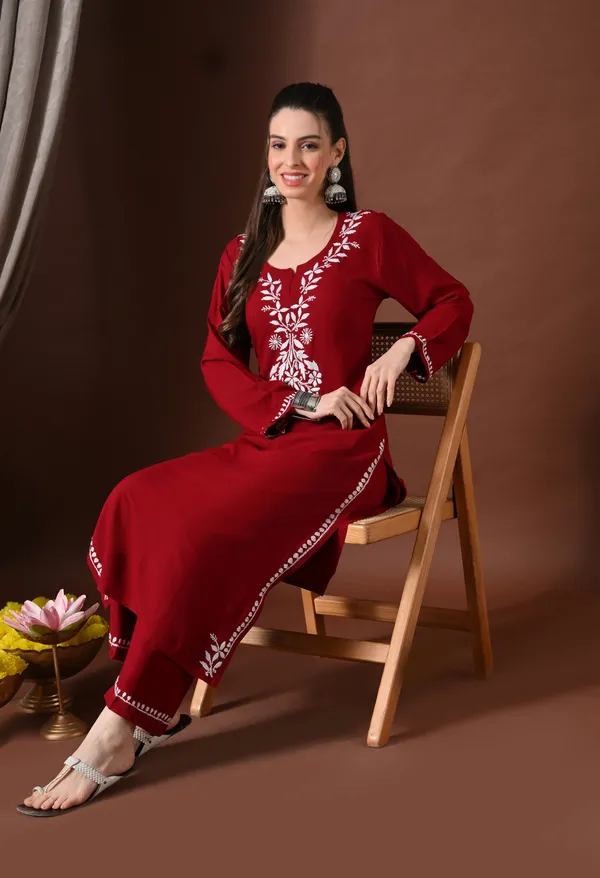 Hand-embroidered_Lucknowi_Chikankari_Kurta_Plazo_Set_�Maroon