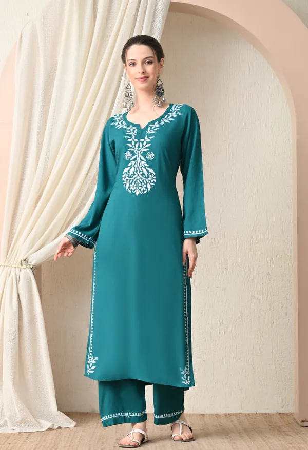 Hand-embroidered_Lucknowi_Chikankari_Kurta_Plazo_Set_�Teal_Green
