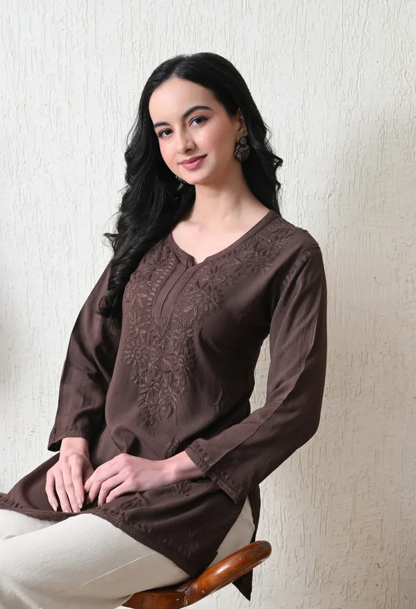 Chocolate_Brown_Rayon_Chikankari_Short_Kurta