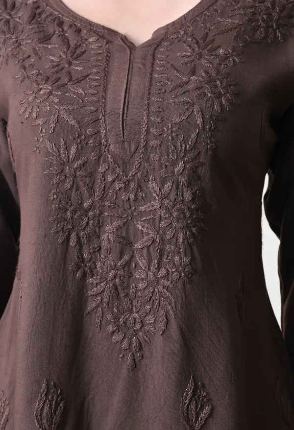Chocolate_Brown_Rayon_Chikankari_Short_Kurta