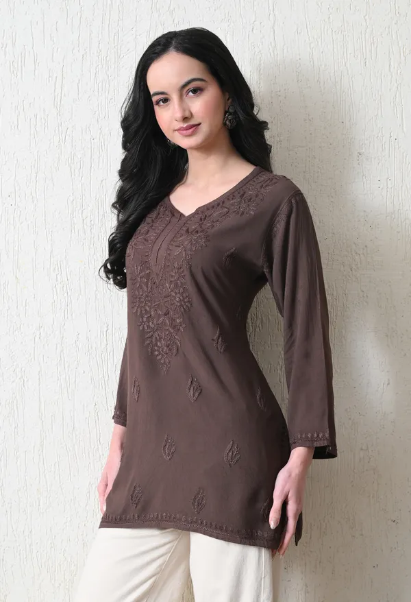 Chocolate_Brown_Rayon_Chikankari_Short_Kurta