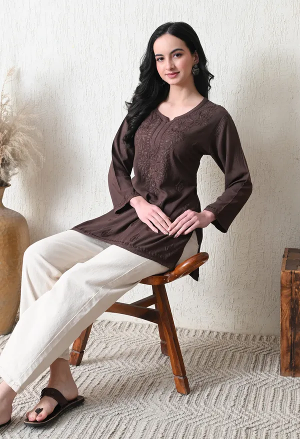 Chocolate_Brown_Rayon_Chikankari_Short_Kurta