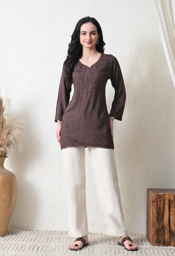Chocolate_Brown_Rayon_Chikankari_Short_Kurta