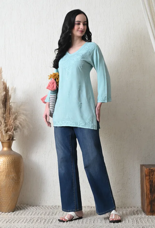 Aqua_Blue_Rayon_Chikankari_Short_Kurta