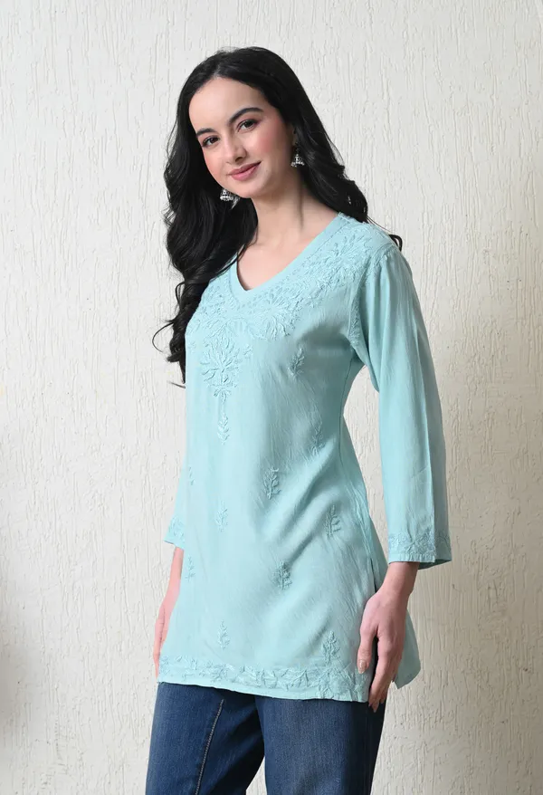 Aqua_Blue_Rayon_Chikankari_Short_Kurta