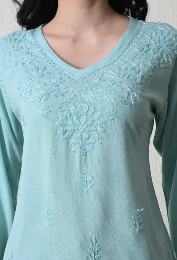 Aqua_Blue_Rayon_Chikankari_Short_Kurta
