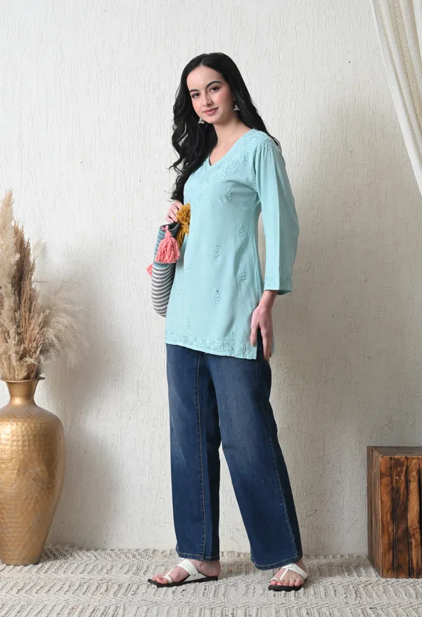Aqua_Blue_Rayon_Chikankari_Short_Kurta