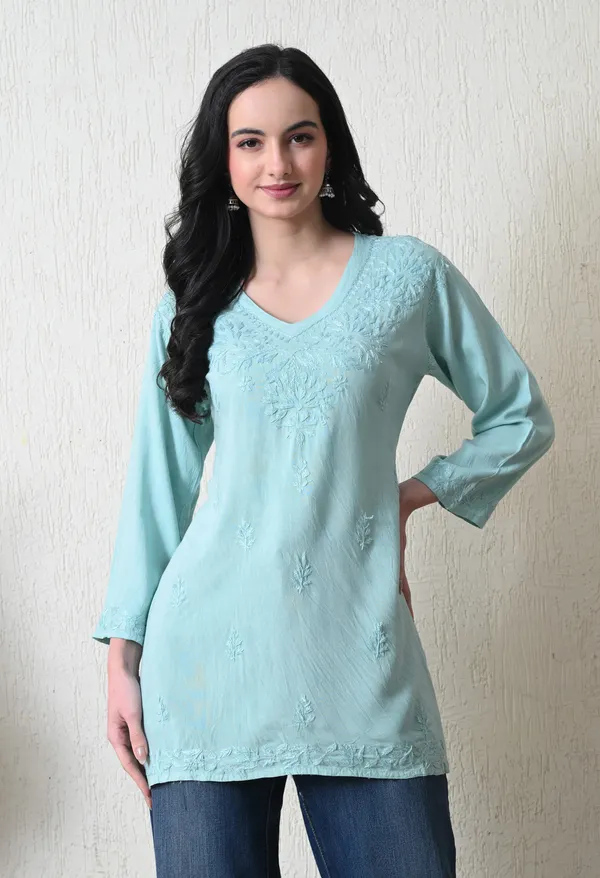 Aqua_Blue_Rayon_Chikankari_Short_Kurta