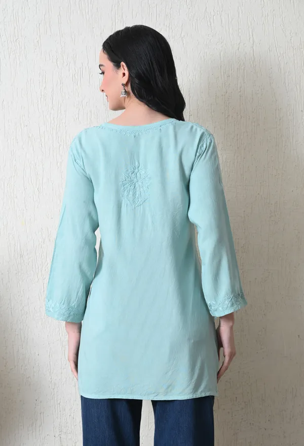Aqua_Blue_Rayon_Chikankari_Short_Kurta