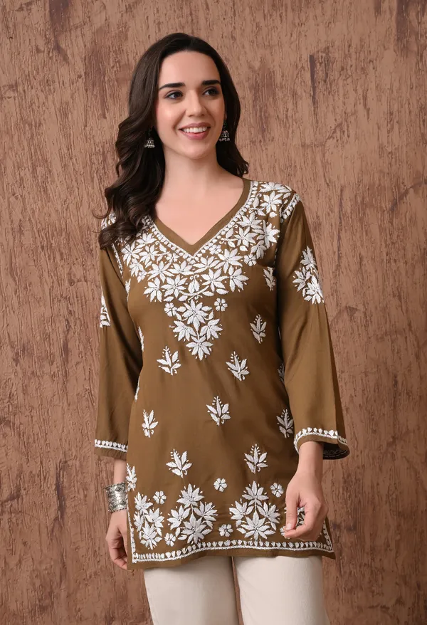Brown_Elegant_Hand-Embroidered_Chikankari_Floral_Lucknowi_Kurti