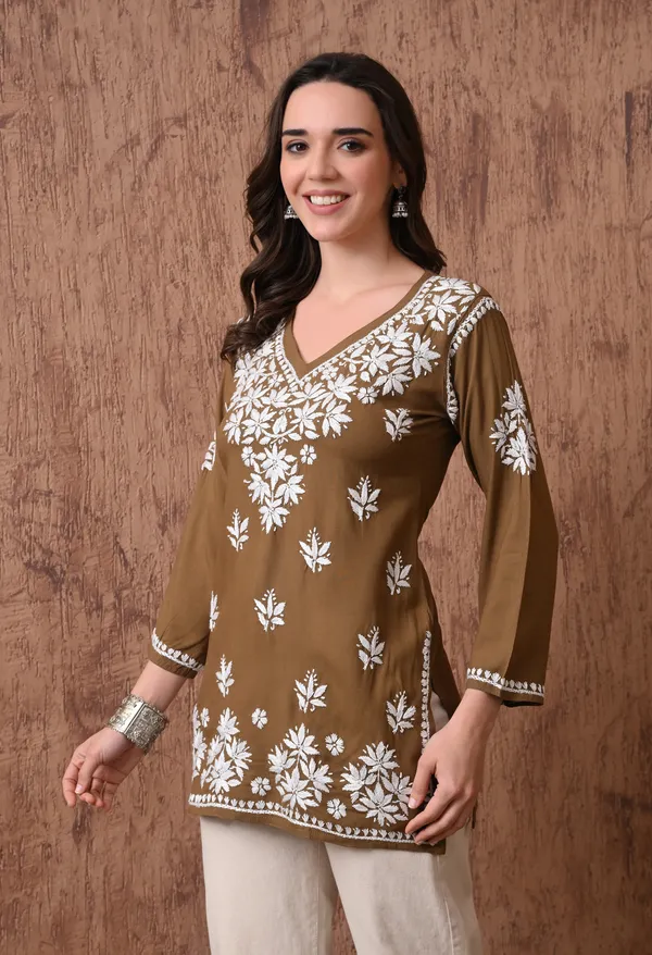 Brown_Elegant_Hand-Embroidered_Chikankari_Floral_Lucknowi_Kurti