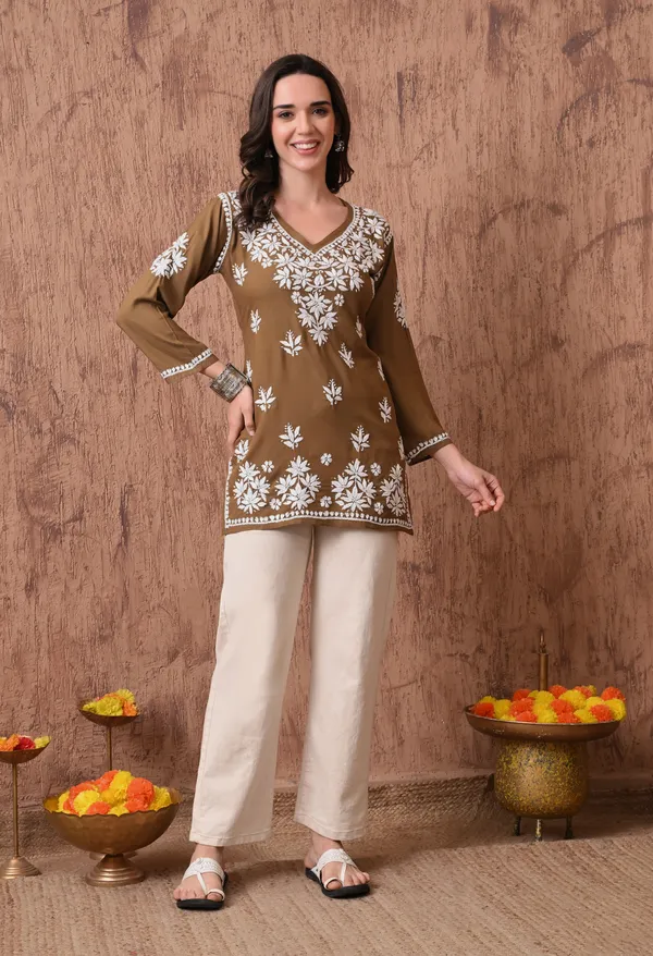 Brown_Elegant_Hand-Embroidered_Chikankari_Floral_Lucknowi_Kurti