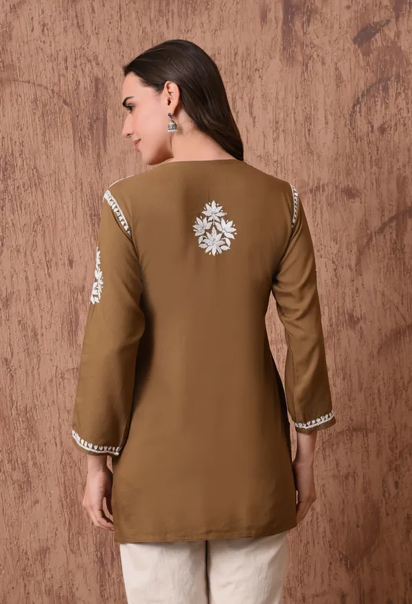Brown_Elegant_Hand-Embroidered_Chikankari_Floral_Lucknowi_Kurti