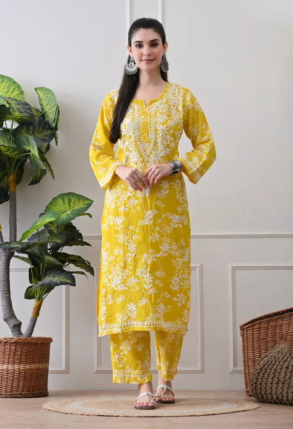 Hand_Embroidered_Chikankari_Mulmul_Plazo_Set-Yellow