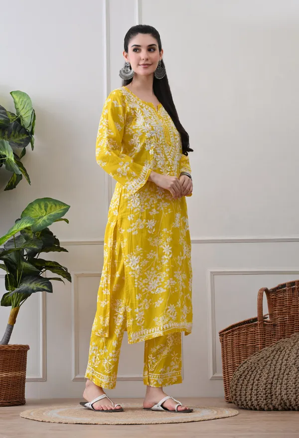 Hand_Embroidered_Chikankari_Mulmul_Plazo_Set-Yellow
