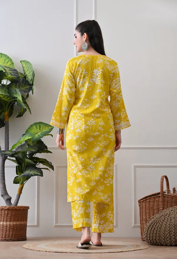Hand_Embroidered_Chikankari_Mulmul_Plazo_Set-Yellow