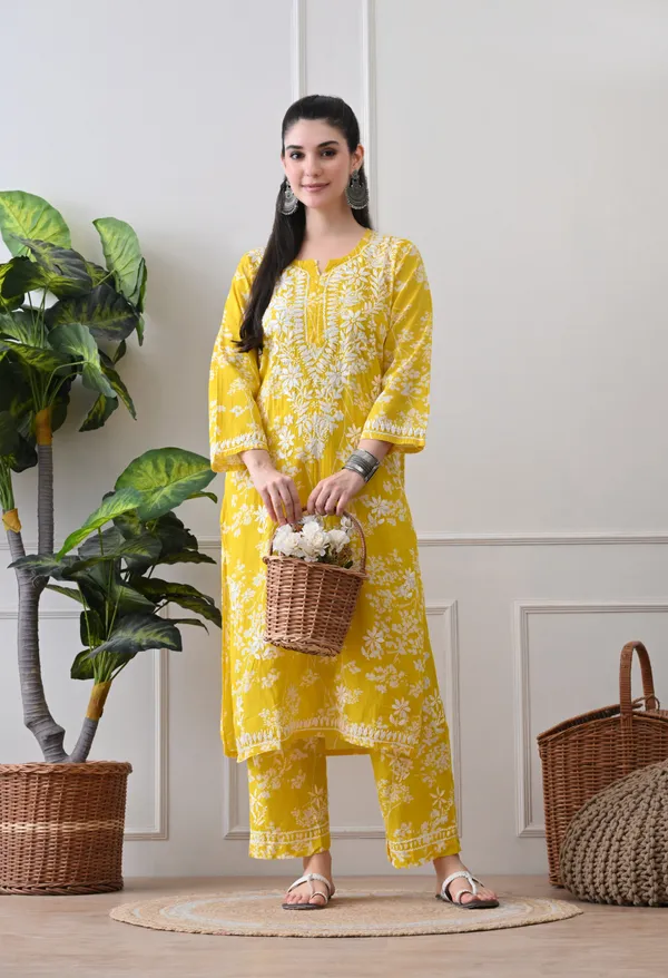Hand_Embroidered_Chikankari_Mulmul_Plazo_Set-Yellow