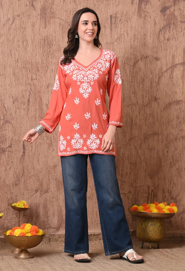 Peach_Elegant_Hand-Embroidered_Chikankari_Floral_Lucknowi_Kurti