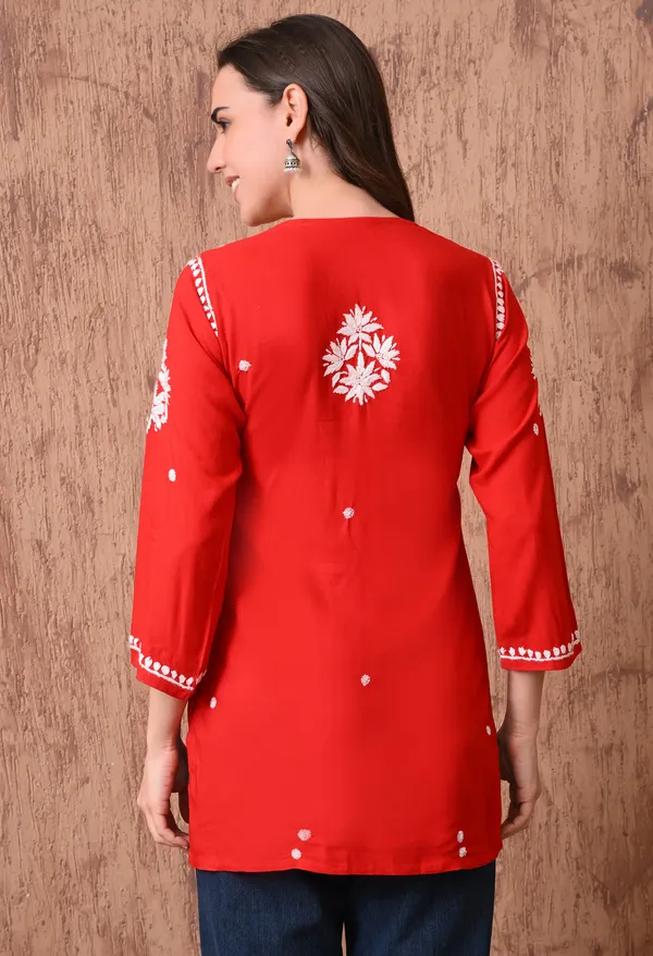 Red_Elegant_Hand-Embroidered_Chikankari_Floral_Lucknowi_Kurti