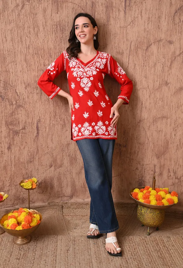 Red_Elegant_Hand-Embroidered_Chikankari_Floral_Lucknowi_Kurti