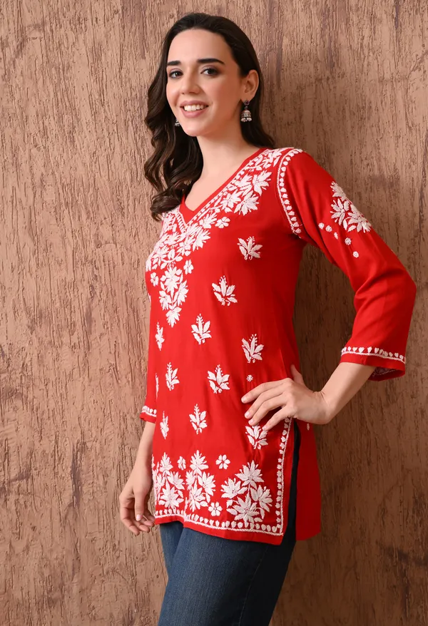Red_Elegant_Hand-Embroidered_Chikankari_Floral_Lucknowi_Kurti