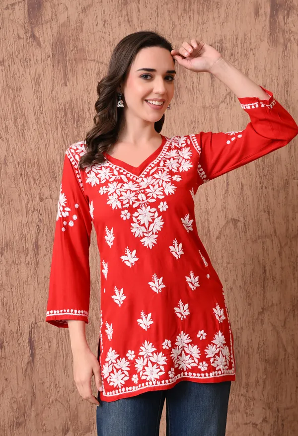 Red_Elegant_Hand-Embroidered_Chikankari_Floral_Lucknowi_Kurti
