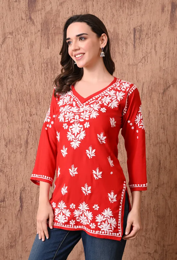 Red_Elegant_Hand-Embroidered_Chikankari_Floral_Lucknowi_Kurti