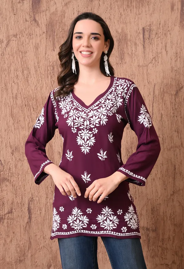 Wine_Elegant_Hand-Embroidered_Chikankari_Floral_Lucknowi_Kurti