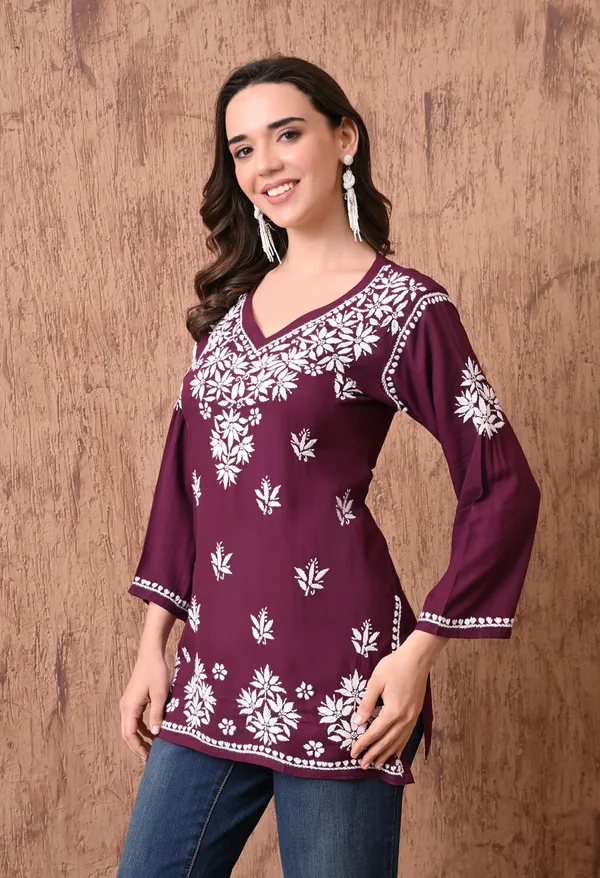 Wine_Elegant_Hand-Embroidered_Chikankari_Floral_Lucknowi_Kurti