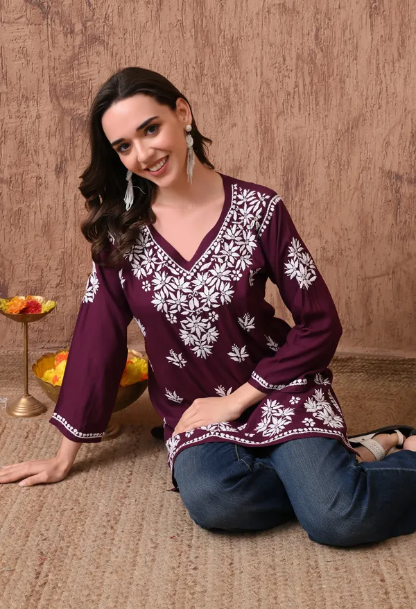 Wine_Elegant_Hand-Embroidered_Chikankari_Floral_Lucknowi_Kurti