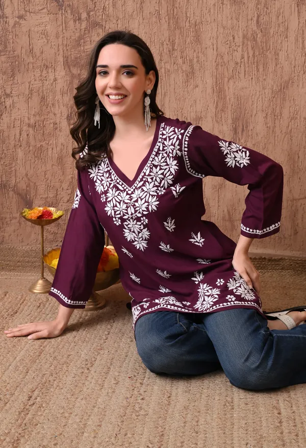 Wine_Elegant_Hand-Embroidered_Chikankari_Floral_Lucknowi_Kurti