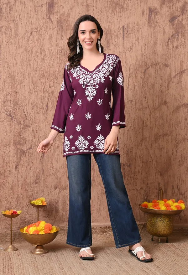 Wine_Elegant_Hand-Embroidered_Chikankari_Floral_Lucknowi_Kurti