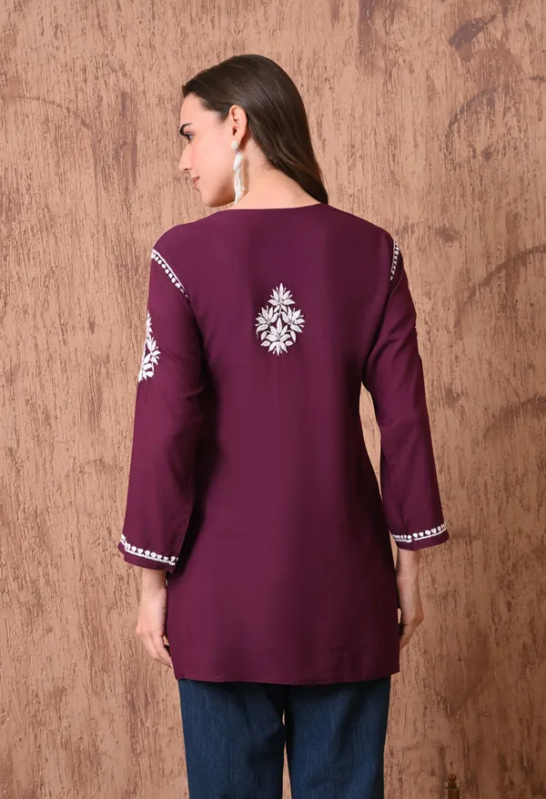 Wine_Elegant_Hand-Embroidered_Chikankari_Floral_Lucknowi_Kurti