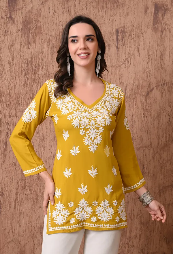 Yellow_Elegant_Hand-Embroidered_Chikankari_Floral_Lucknowi_Kurti