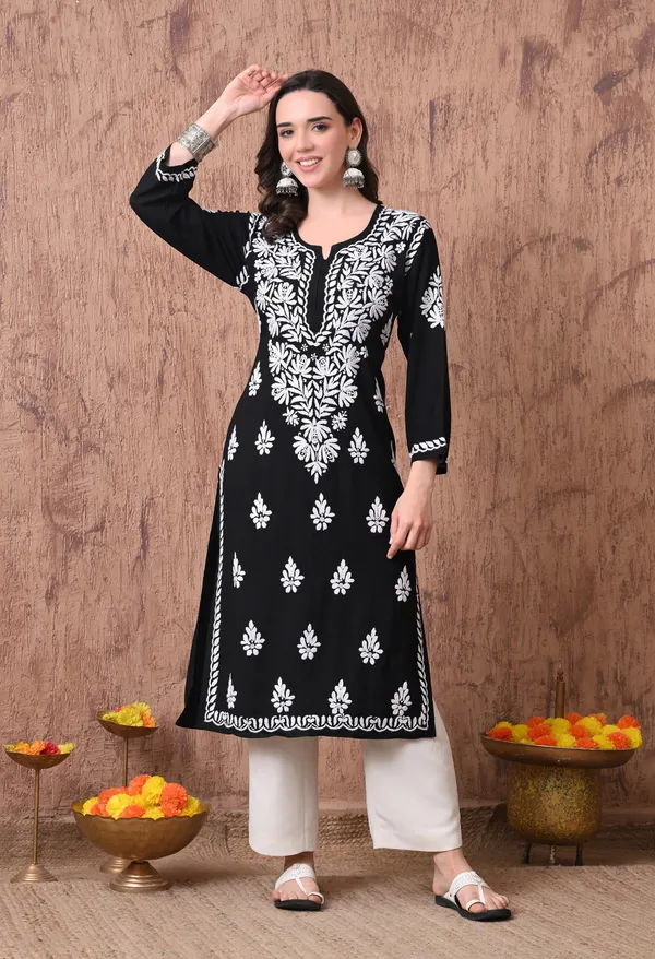 Black_&_White_Hand_Embroidered_Chikankari_Straight_Kurta