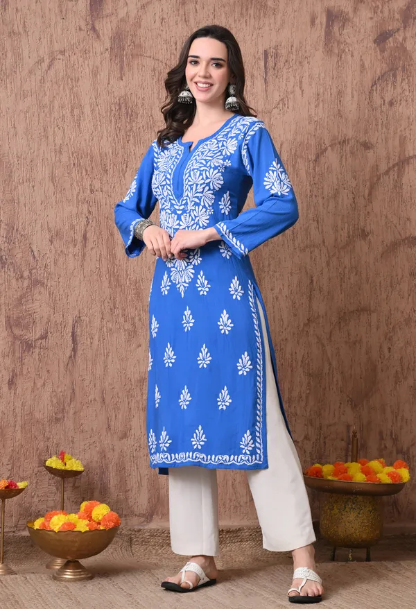 Women_Blue_Hand_Embroidered_Chikankari_Rayon_Straight_Kurta