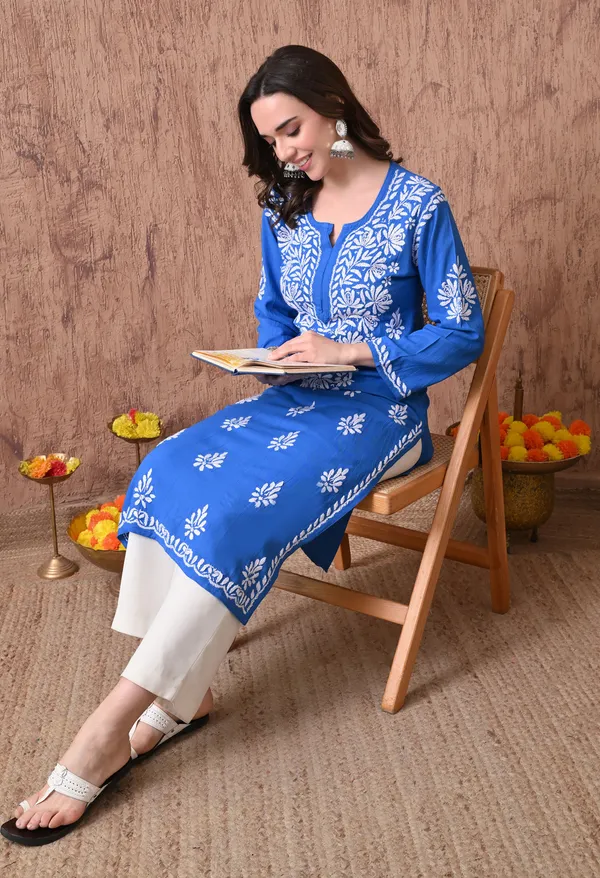 Women_Blue_Hand_Embroidered_Chikankari_Rayon_Straight_Kurta